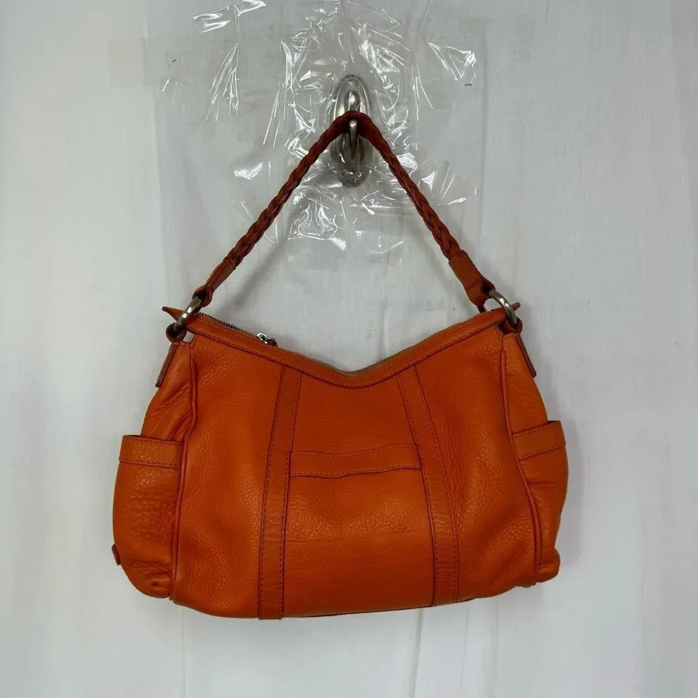 Cole Haan Pebbled Leather Zip Braided Strap Shoulder Hobo Bag Handbag Orange